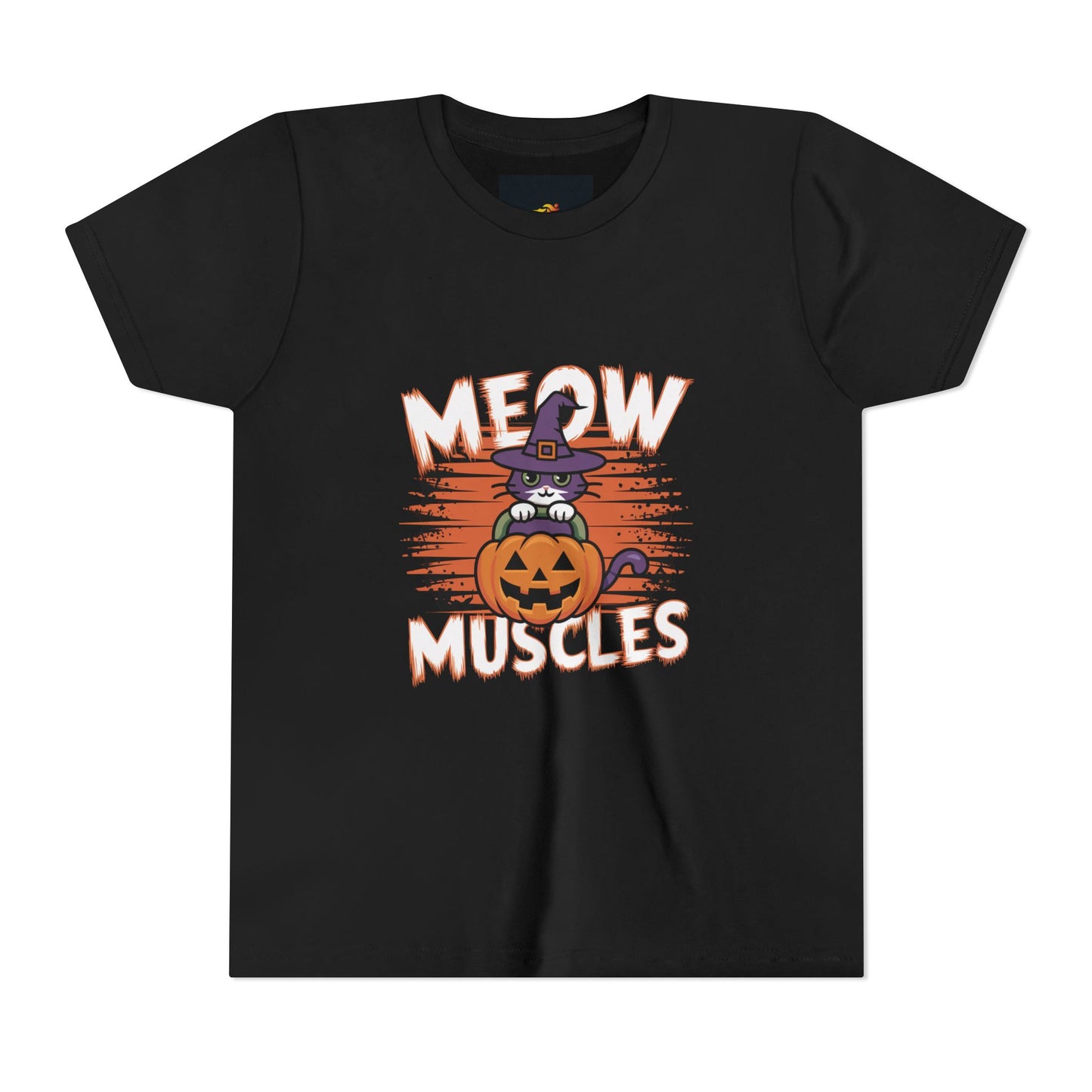 Halloween Kids Tee, Meow Muscles T-Shirt, Youth Short Sleeve Shirt, Kids Halloween Costume Shirt, Pumpkin Cat Tee