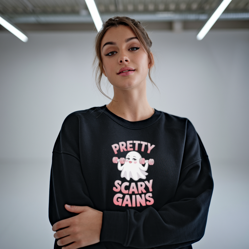 Halloween Workout Sweatshirt, Pretty Scary Gains Crewneck, Unisex Fitness Apparel, Spooky Gym Wear, Ghost Theme Sweatshirt