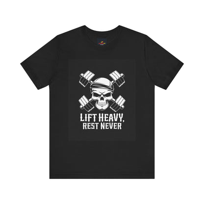 Skull Workout Tee - Lift Heavy, Rest Never | Gym Shirt, Fitness Apparel, Unisex Tee, Weightlifting Gift, Casual Wear
