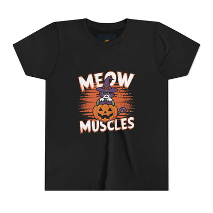 Halloween Kids Tee, Meow Muscles T-Shirt, Youth Short Sleeve Shirt, Kids Halloween Costume Shirt, Pumpkin Cat Tee