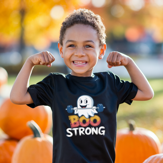 Boo Strong Ghost T-Shirt, Halloween Tee for Kids, Youth Short Sleeve Shirt, Spooky Fitness Top, Cute Costume Shirt, Fun Gymwear