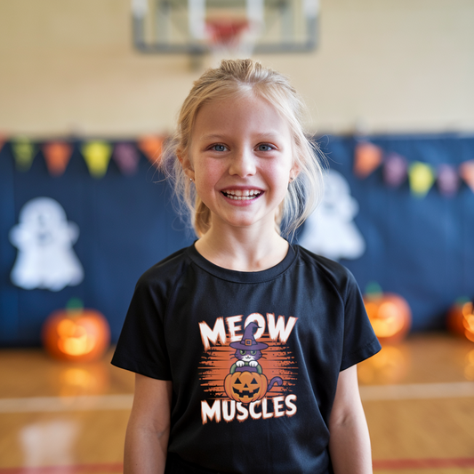 Halloween Kids Tee, Meow Muscles T-Shirt, Youth Short Sleeve Shirt, Kids Halloween Costume Shirt, Pumpkin Cat Tee