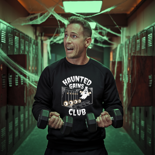 Haunted Gains Club Crewneck Sweatshirt, Halloween Apparel, Gift for Gym Lovers, Spooky Workout Clothes, Unisex Sweatshirt