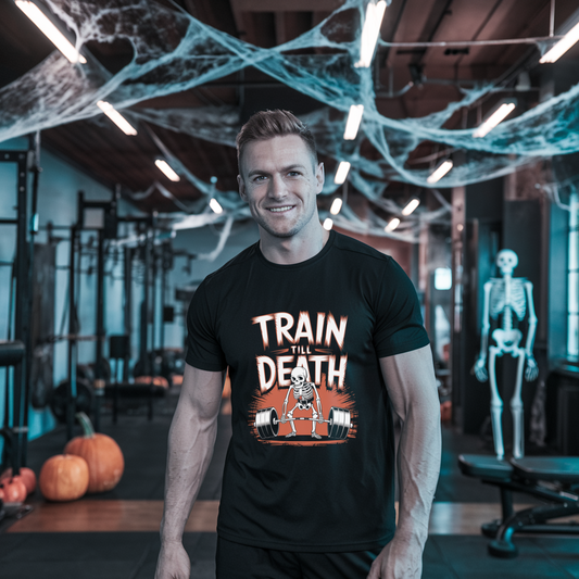 Fitness Humor Tee - Train Till Death, Gym Shirt, Workout T-Shirt, Gift for Gym Lovers, Halloween Fitness Gear