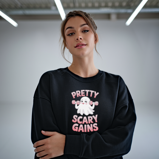 Halloween Workout Sweatshirt, Pretty Scary Gains Crewneck, Unisex Fitness Apparel, Spooky Gym Wear, Ghost Theme Sweatshirt
